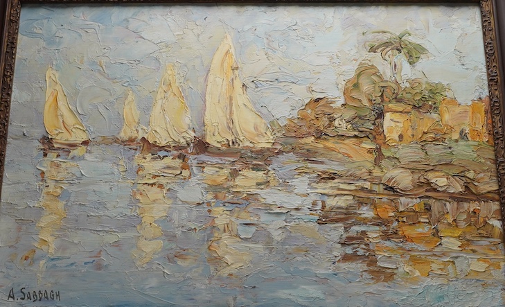 A. Sabbagh, impasto oil on board, Riverscape with fishing boats, signed, 32 x 49cm. Condition - good